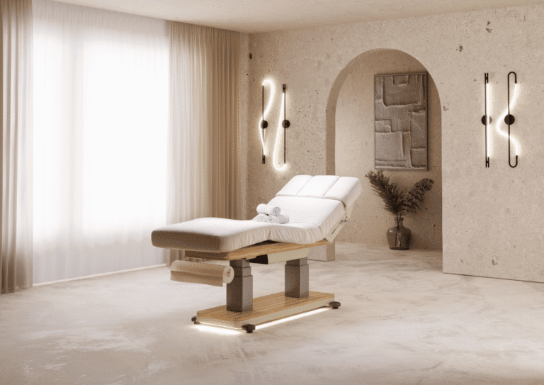 Showroom GoldBeaute presentant des tables de massage SPA professionnelles design pour instituts de beaute et spas
